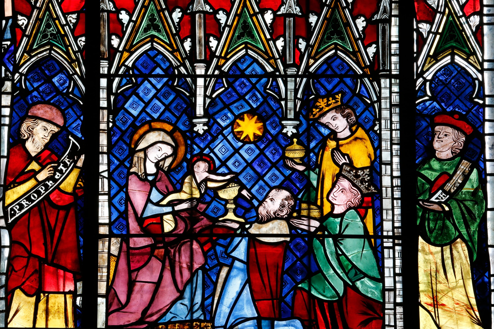 Our Lady of Strasbourg Cathedral. Stained glass window XIVth century. Adoration of the Magi.