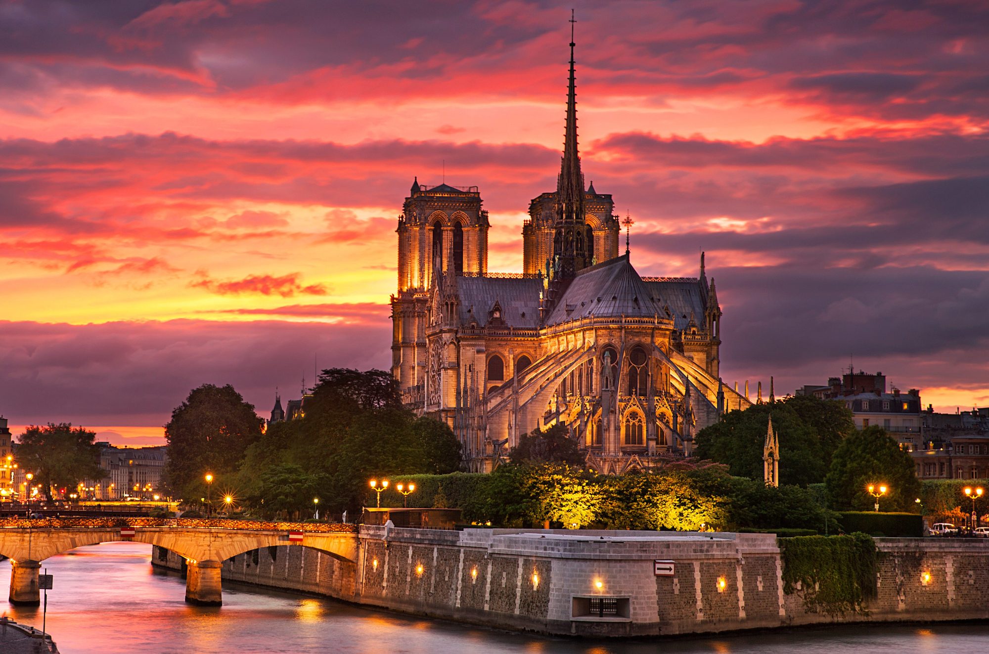 Notre Dame Cathedral at sunset, Paris, France