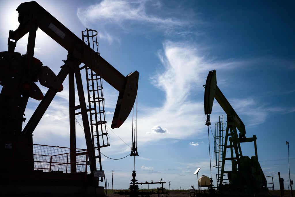 Oil pump jacks are shown in a field on June 27, 2024 in Stanton, Texas. (Photo by Brandon Bell/Getty Images)