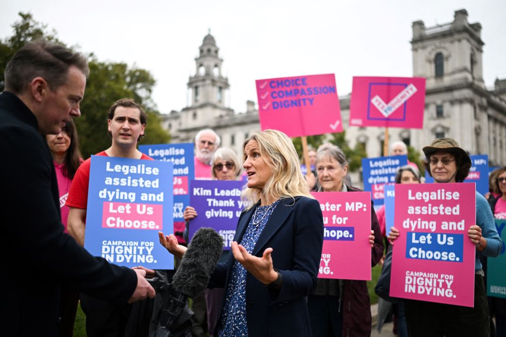 Labour MP Kim Leadbeater speaks to the press during a gathering in favor of the proposal to legalize assisted dying in the U.K. on October 16, 2024. (Photo by JUSTIN TALLIS/AFP via Getty Images)