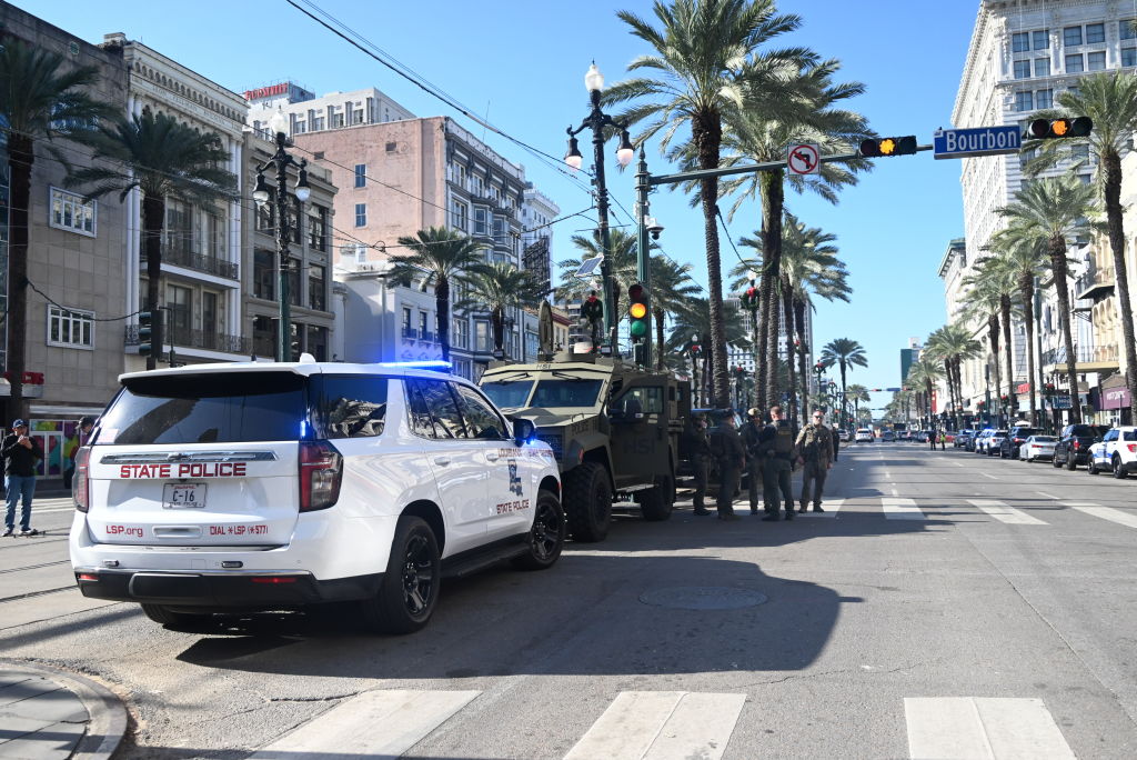 Law enforcement authorities are maintaining a high-security presence as Bourbon Street, Canal Street, and the French Quarter re-open following the New Year's Day truck ramming attack in New Orleans, Louisiana, on January 2, 2025. (Photo by Kyle Mazza/Anadolu via Getty Images)