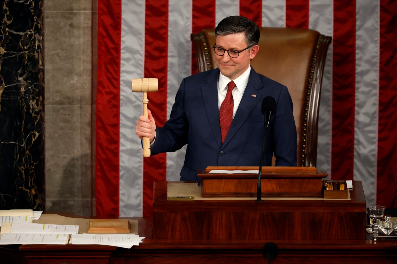 House Speaker Mike Johnson delivers remarks after being re-elected Speaker on the first day of the 119th Congress in the House Chamber of the U.S. Capitol Building on January 3, 2025. (Photo by Chip Somodevilla/Getty Images)