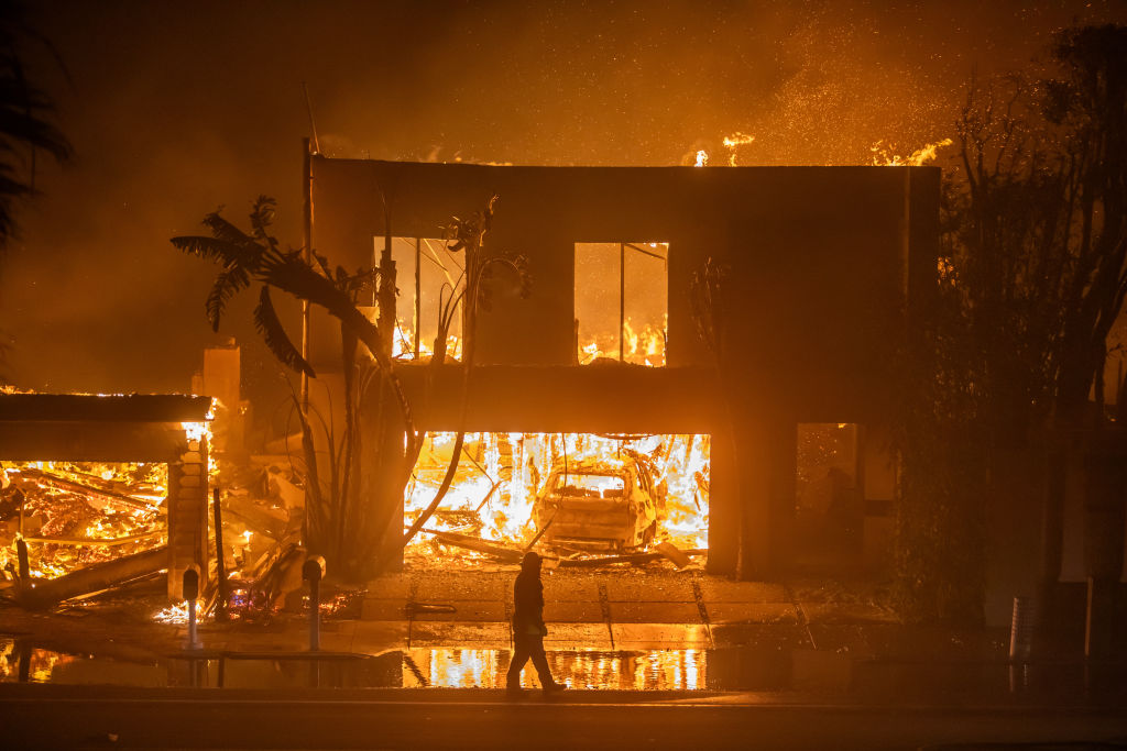 A firefighter watches the flames from the Palisades fire on January 8, 2025. (Photo by Apu Gomes/Getty Images)