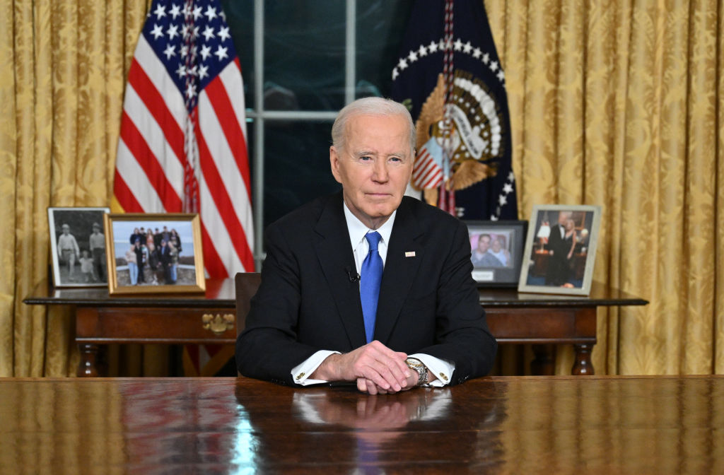 President Joe Biden looks on after he delivered his farewell address to the nation from the Oval Office of the White House on January 15, 2025. (Photo by Mandel Ngan - Pool/Getty Images)