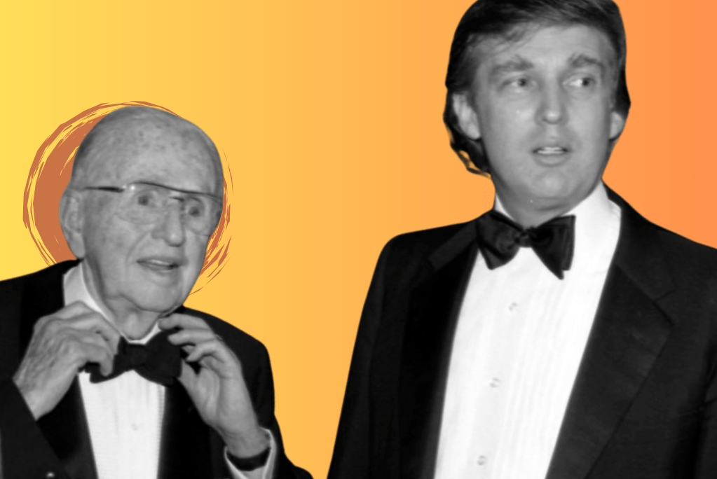 Illustration by Adaam James Levin-Areddy/The Dispatch. (Photo of Donald Trump and Dr. Norman Vincent Peale at Peale's 90th birthday celebration in May 1988 in New York City by Tom Gates via Getty Images.)