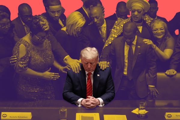 Religious leaders lay their hands on Donald Trump in 2020. (Illustration by Adaam James Levin-Areddy/The Dispatch. Photo via Getty Images)