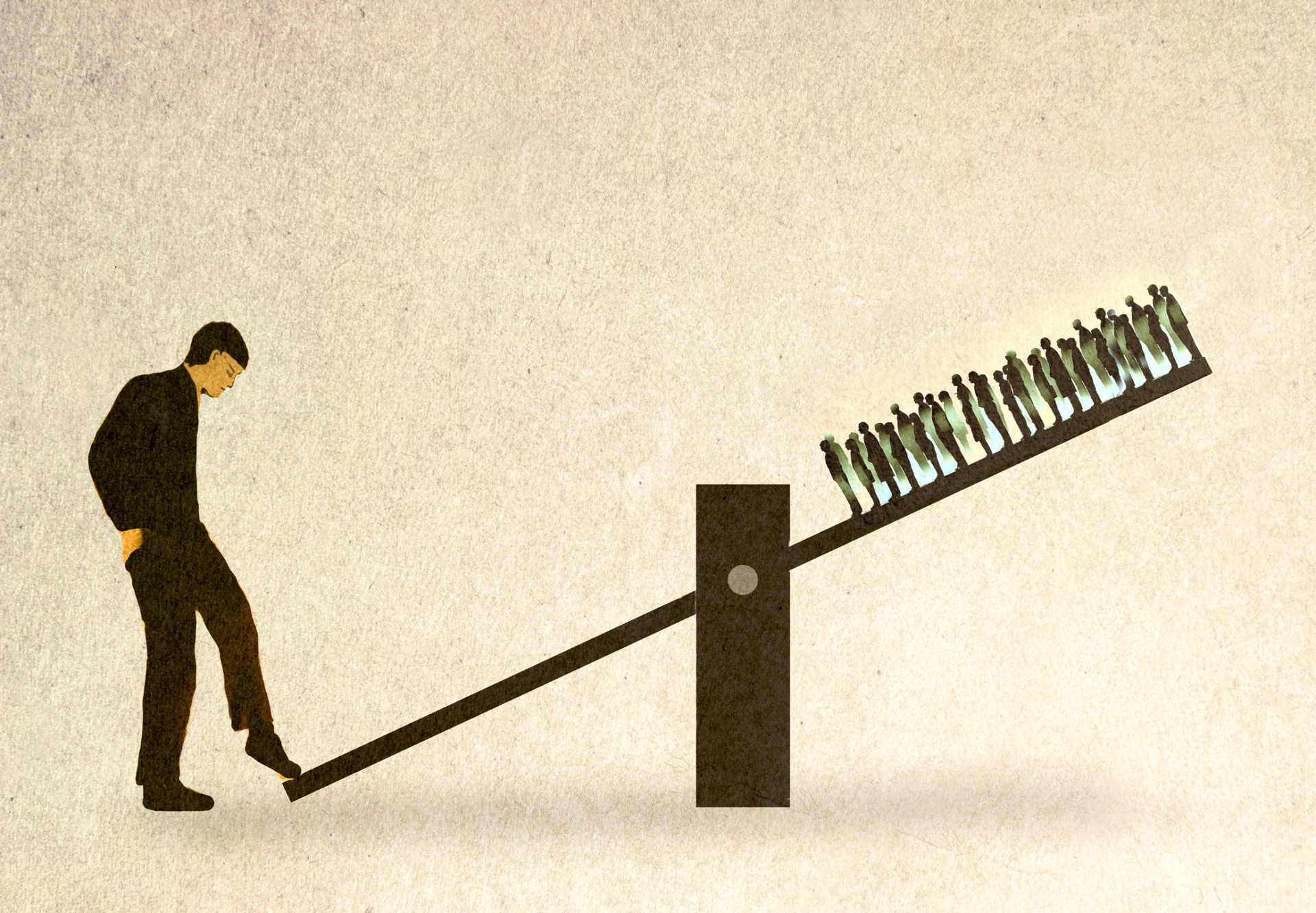 Illustration of man balancing crowd of people on seesaw