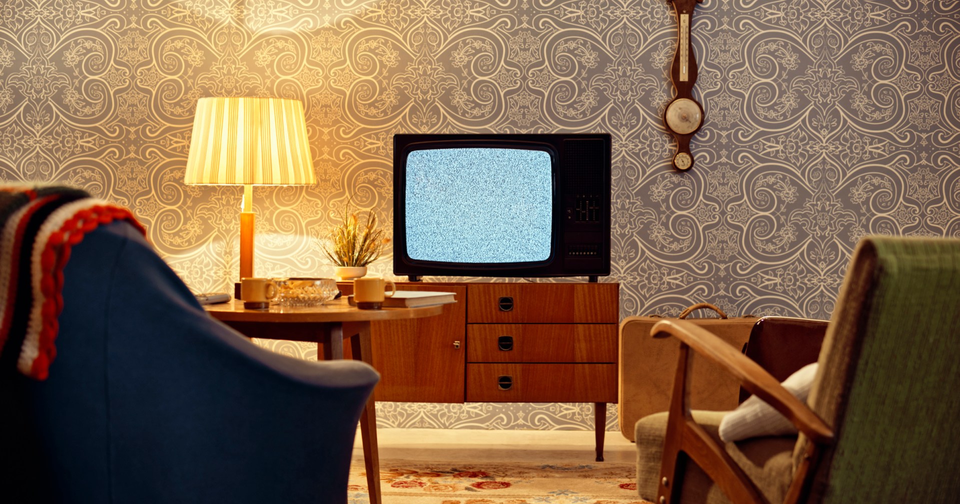 Television set on cabinet