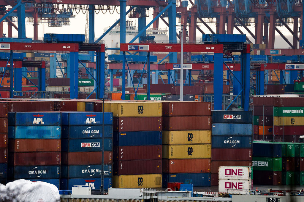 Stacked containers are seen at the container terminal 'Eurogate' at the Hamburg Port on February 27, 2025. (Photo by Morris MacMatzen/Getty Images)