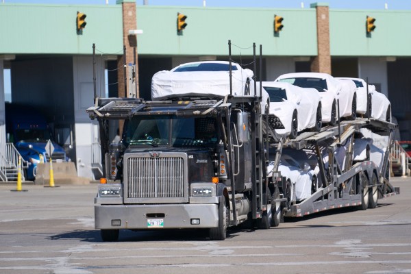 A truck leaves the Canadian Customs plaza at the Ambassador Bridge border crossing in Windsor, Ontario, on March 8, 2025. (Photo by Geoff Robins/AFP/Getty Images)