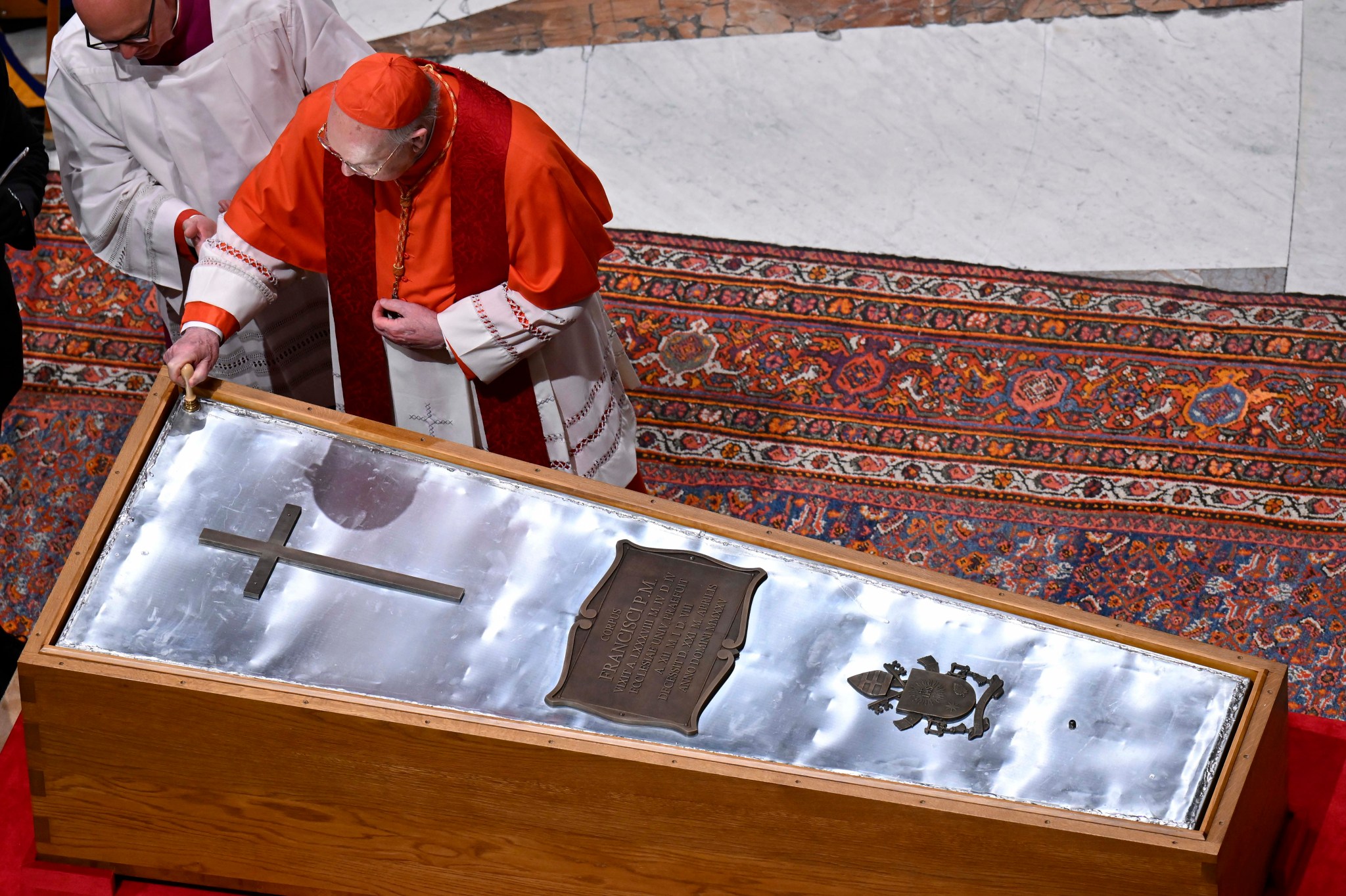 Cardinal Kevin Farrell presides in St. Peter’s Basilica Friday at the Rite of Sealing of the Coffin of the late Pope Francis, ahead of the papal funeral on Saturday morning in Vatican City. (Photo by Simone Risoluti—Vatican Media via Vatican Pool/Getty Images)
