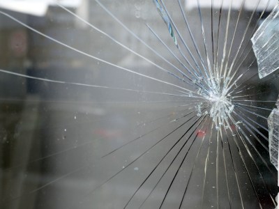 Close-up of a window shattered by an impact in Brussels, Belgium