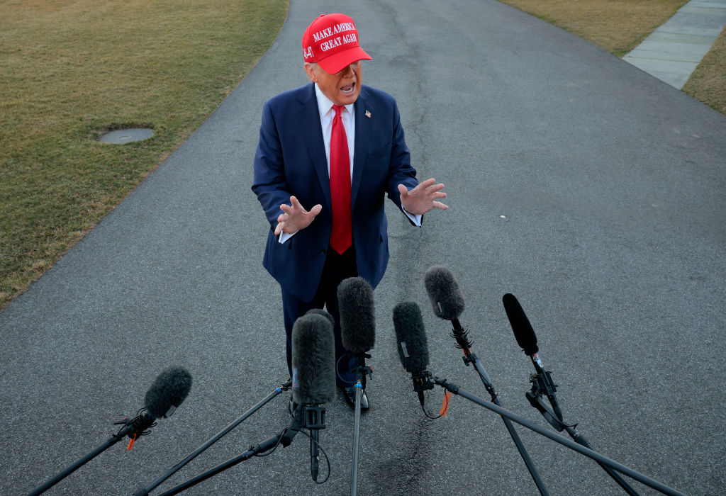 President Donald Trump speaks as he departs the White House on February 28, 2025. (Photo by Chip Somodevilla/Getty Images)