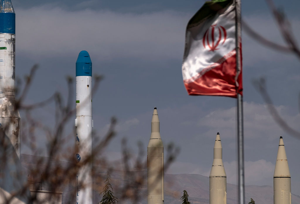 Iranian-made long-range surface-to-surface missiles and two Iran-made satellite carriers are placed outside the Holy Defense Museum in Tehran, Iran, on April 2, 2025. (Photo by Morteza Nikoubazl/NurPhoto via Getty Images)
