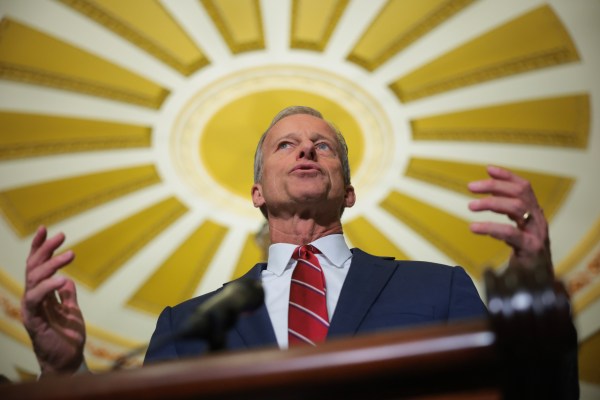 U.S. Senate Majority Leader John Thune speaks to reporters following the weekly Republican Senate policy luncheon at the U.S. Capitol on April 1, 2025. (Photo by Kayla Bartkowski/Getty Images)