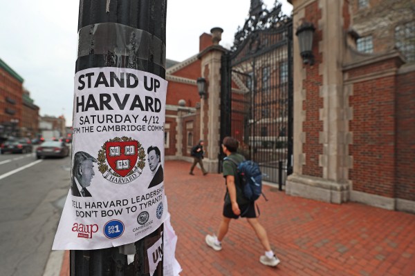 A poster for a protest at Harvard University on April 15, 2025. (Photo by David L. Ryan/The Boston Globe via Getty Images)