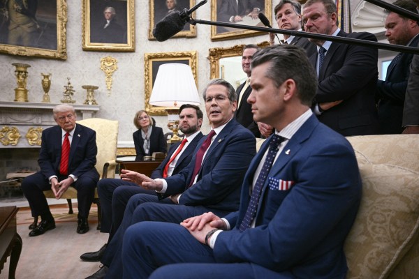 President Donald Trump and members of his Cabinet, including Defense Secretary Pete Hegseth, right, meet with Italian Prime Minister Giorgia Meloni in the Oval Office on April 17, 2025. (Photo by BRENDAN SMIALOWSKI/AFP via Getty Images)