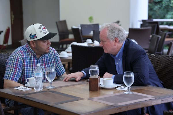 In this handout photo, Sen. Chris Van Hollen meets with Kilmar Armando Abrego Garcia (left) at an undisclosed location on April 17, 2025, in San Salvador, El Salvador. (Photo by Sen. Van Hollen's Office/Getty Images)