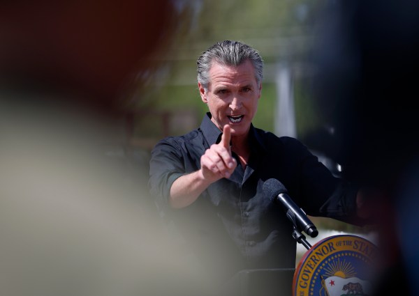 California Gov. Gavin Newsom speaks during a news conference at Gemperle Orchard in Ceres, California, on April 16, 2025. (Photo by Justin Sullivan/Getty Images)