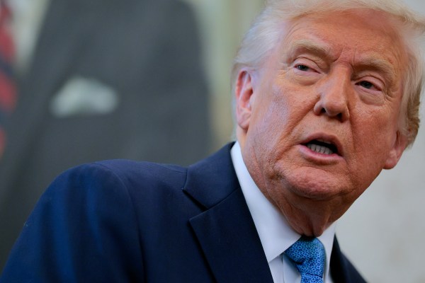 President Donald Trump speaks to reporters in the Oval Office at the White House on April 22, 2025, in Washington, D.C. (Photo by Chip Somodevilla/Getty Images)