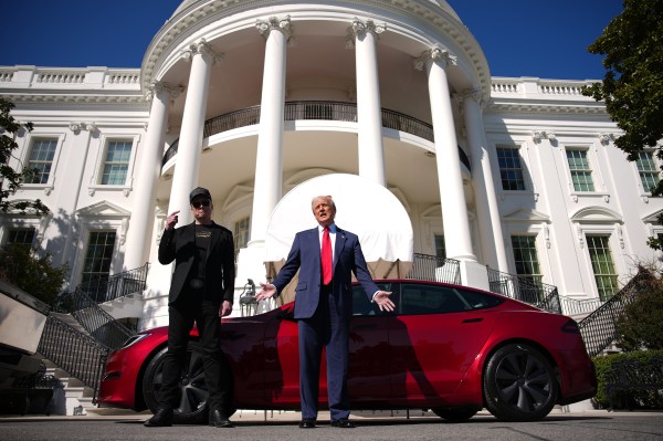 President Donald Trump and Elon Musk deliver remarks next to a Tesla Model S on the South Lawn of the White House on March 11, 2025, in Washington, D.C. (Photo by Andrew Harnik/Getty Images)