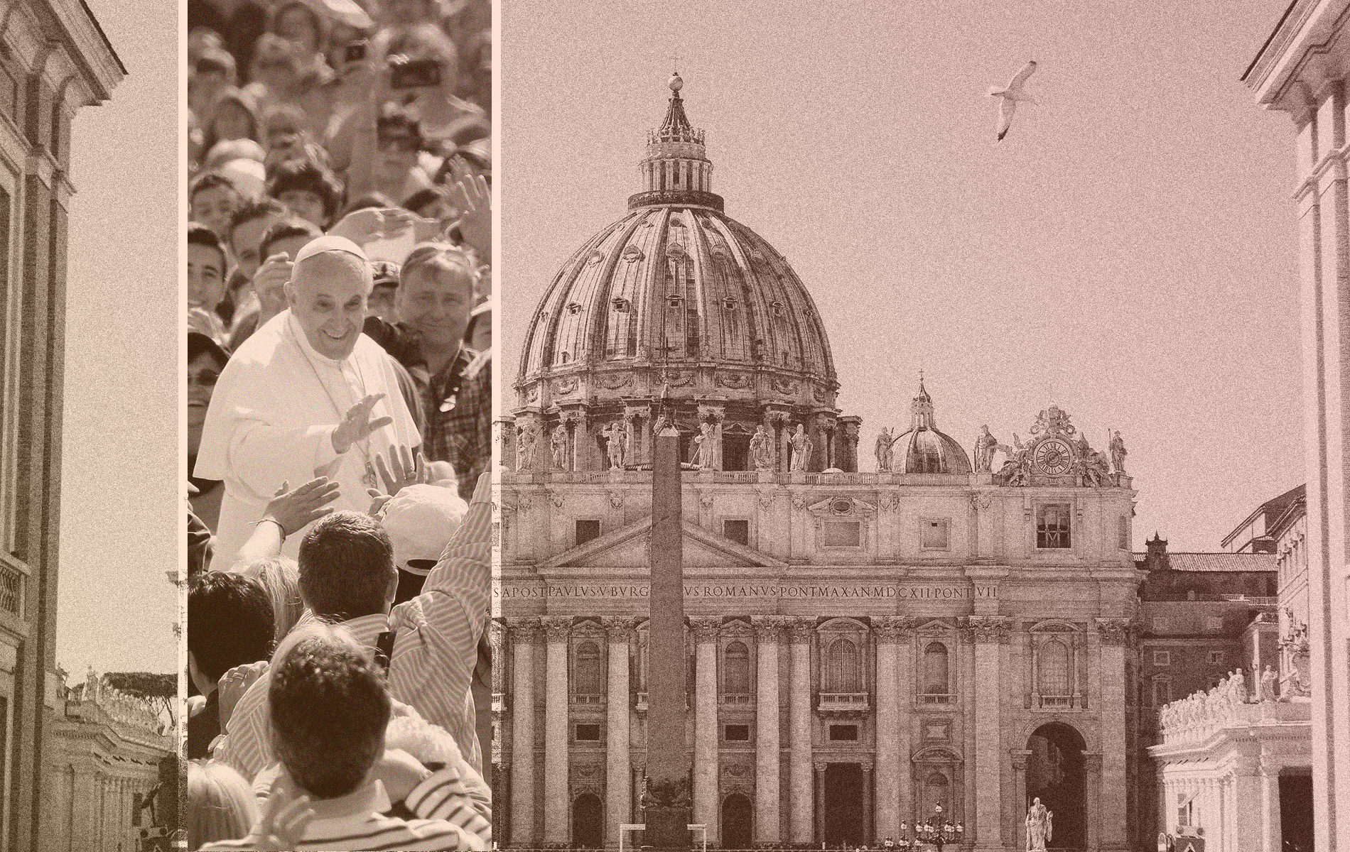 Pope Francis waves to a crowd in St. Peter's Square in Vatican City in 2013. (Illustration by Noah Hickey. Photos via Getty Images and Unsplash.)
