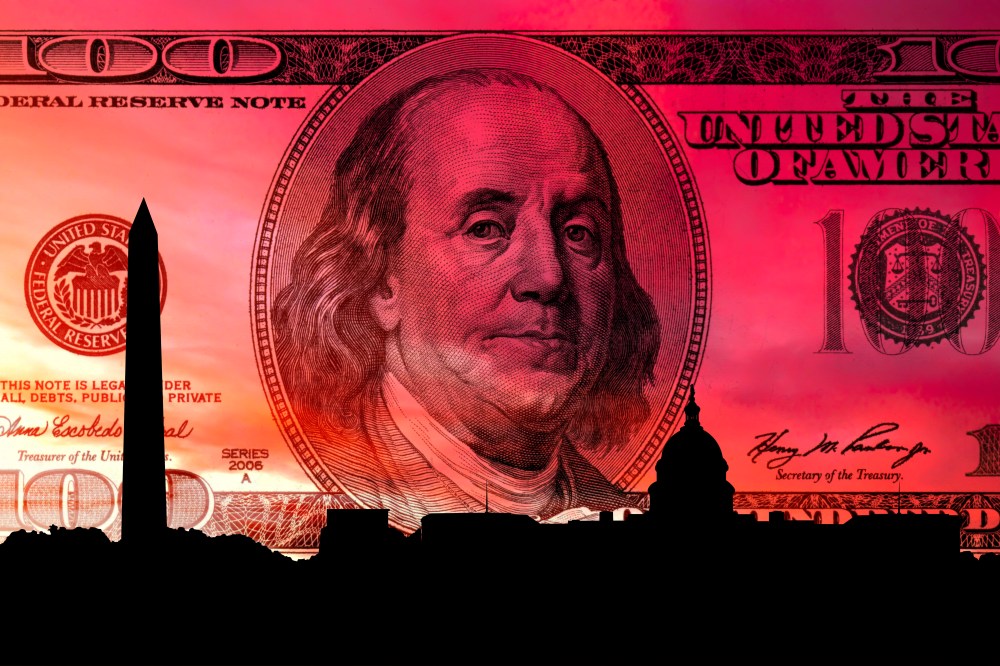 Washington DC on the background of a 100 US dollar bill, USA