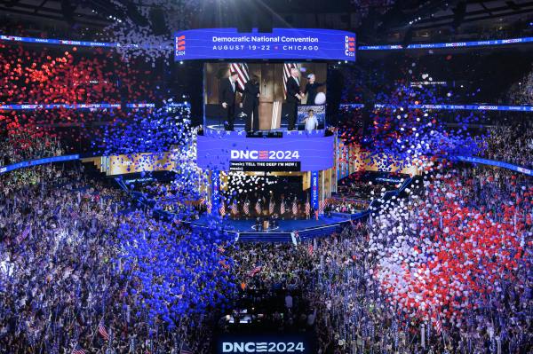 Balloons fall as U.S. Vice President and Democratic presidential candidate Kamala Harris concludes her remarks at the end of the fourth and last day of the Democratic National Convention at the United Center in Chicago, Illinois, on August 22, 2024. (Photo by MANDEL NGAN/AFP via Getty Images)
