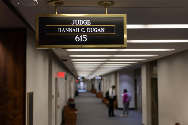 A sign hangs above the courtroom of Milwaukee County Circuit Judge Hannah Dugan in the Milwaukee County Courthouse on April 25, 2025 in Milwaukee, Wisconsin. (Photo by Scott Olson/Getty Images)