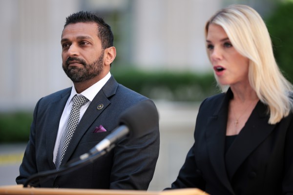 FBI Director Kash Patel and Attorney General Pam Bondi speak during a press conference in Washington, D.C., on May 7, 2025, about efforts the Justice Department took to combat child sex abuse and exploitation. (Photo by Kayla Bartkowski/Getty Images)