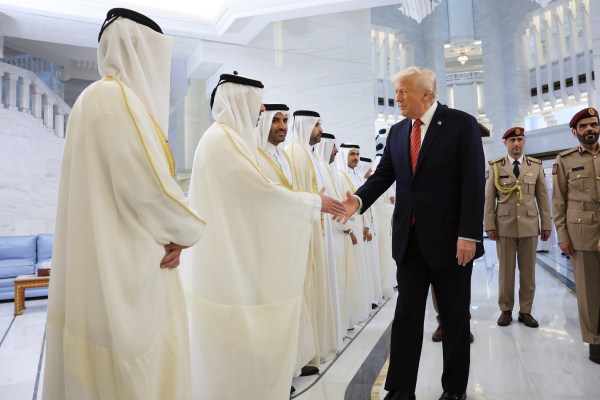 President Donald J. Trump participates in an arrival ceremony at the Amiri Diwan, the official workplace of the emir, on May 14, 2025, in Doha, Qatar. (Photo by Win McNamee/Getty Images)