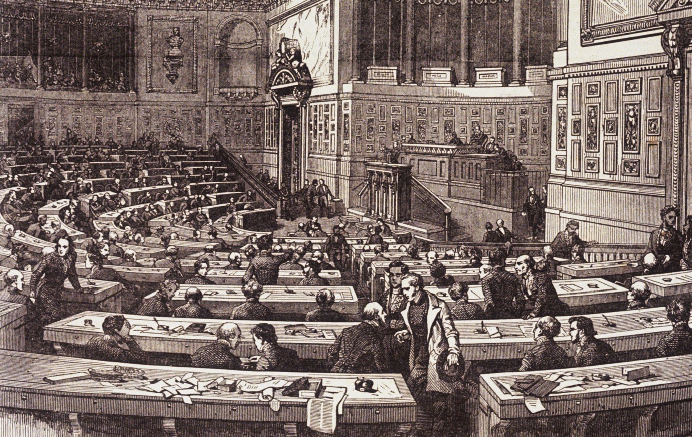 Illustration showing the semi-circular Chamber of Peers in the former Luxembourg Palace, France, circa 1845. (Photo by © CORBIS/Corbis via Getty Images)