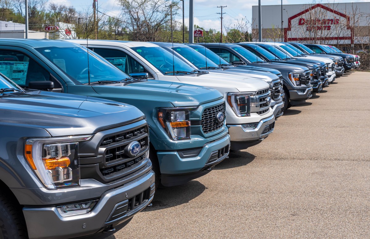 Trucks lined up for sale at a dealership in Monroeville, Pennsylvania, USA