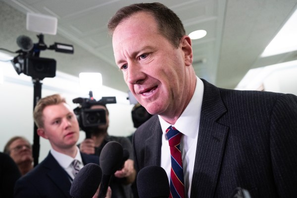 Sen. Eric Schmitt of Missouri talks with reporters in the Dirksen Senate Office Building on March 27, 2025. (Tom Williams/CQ-Roll Call via Getty Images)