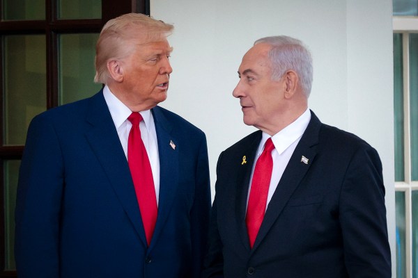 President Donald Trump greets Israeli Prime Minister Benjamin Netanyahu as he arrives at the White House on April 7, 2025, in Washington, D.C. (Photo by Alex Wong/Getty Images)