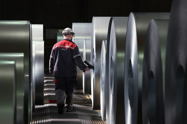 A worker registers coils of finished steel at the Thyssenkrupp steel plant on April 9, 2025, in Duisburg, Germany. (Photo by Sean Gallup/Getty Images)