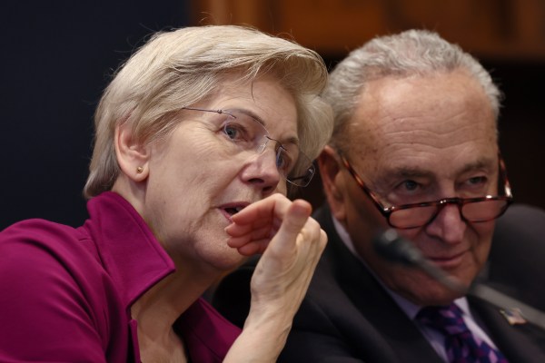 Sen. Elizabeth Warren and Senate Minority Leader Charles Schumer at the Dirksen Senate Office Building on May 14, 2025, in Washington, D.C. (Photo by Jemal Countess/Getty Images for Student Borrower Protection Center)
