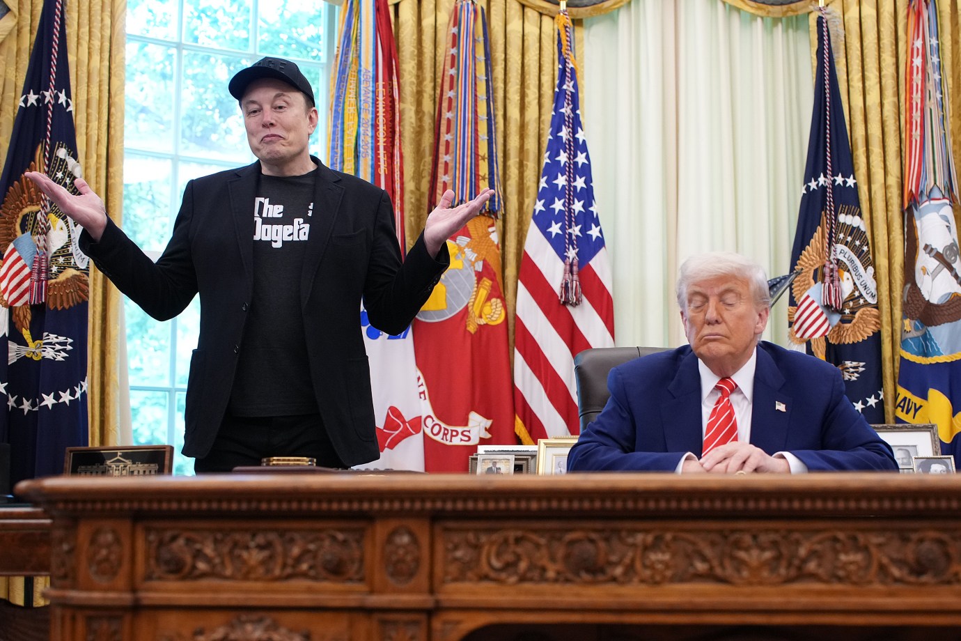 Tesla CEO Elon Musk speaks alongside President Donald Trump to reporters in the Oval Office of the White House on May 30, 2025. (Photo by Kevin Dietsch/Getty Images)
