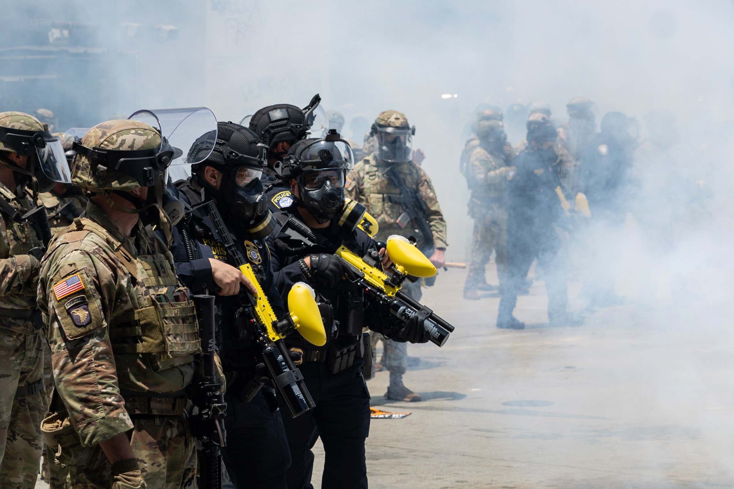Protesters clash with law enforcement in downtown Los Angeles near the Federal Building  and the Metropolitan Detention Center due to the immigration raids in L.A.