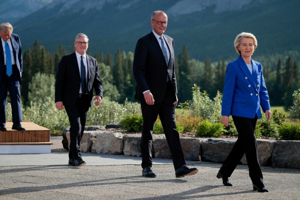 President Donald Trump, British Prime Minister Keir Starmer, German Chancellor Friedrich Merz, and European Union Commission President Ursula von der Leyen depart following a group photo in front of the Canadian Rockies at the Kananaskis Country Golf Course during the G7 Leaders' Summit on June 16, 2025, in Kananaskis, Alberta.(Photo by Chip Somodevilla/Getty Images)