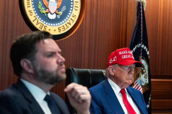 U.S. President Donald Trump, right, and Vice President J.D. Vance sit in the Situation Room as they monitor the mission that took out three Iranian nuclear enrichment sites, at the White House on June 21, 2025 in Washington, D.C. (Photo by Daniel Torok/The White House via Getty Images)