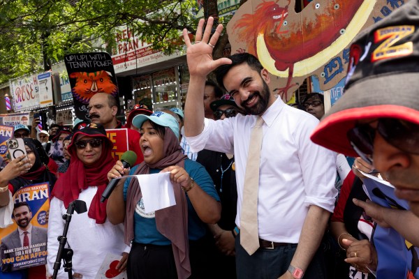 Zohran Mamdani attends a campaign rally in Diversity Square in the Jackson Heights neighborhood of Queens, New York City. (Photo by Andrew Lichtenstein/Corbis via Getty Images)