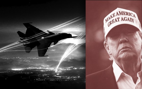 Illustration by Noah Hickey/The Dispatch (aircraft image by Jalaa Marey/AFP and Trump image by Brendan Smialowski/AFP via Getty Images)