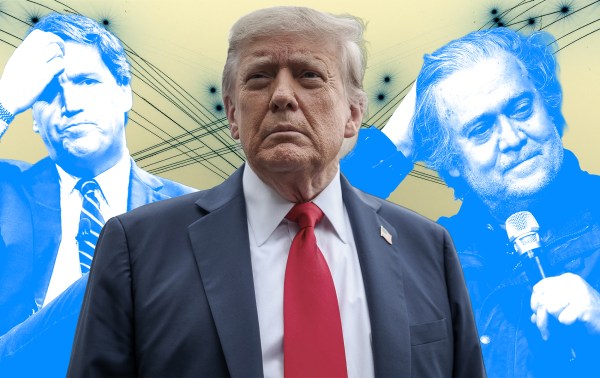 Illustration by Noah Hickey/The Dispatch. (Photograph of Tucker Carlson by Chip Somodevilla/Getty Images; of Donald Trump by Tasos Katopodis/Getty Images; of Steve Bannon by Joe Raedle/Getty Images)