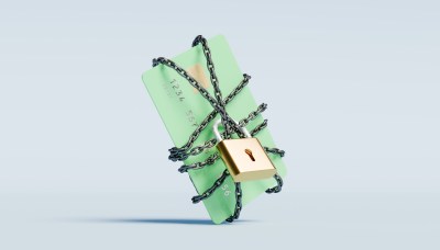 Green credit card wrapped in a chain with a lock