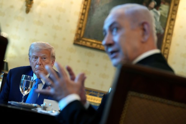 President Donald Trump looks on as Israeli Prime Minister Benjamin Netanyahu speaks during a dinner in the Blue Room of the White House on July 7, 2025 in Washington, D.C. (Photo by Andrew Harnik/Getty Images)