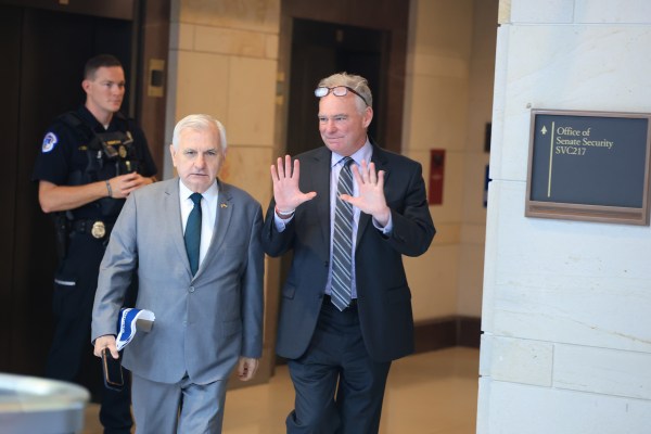 Sens. Jack Reed and Tim Kaine depart a classified briefing after the U.S. bombing in Iran on June 26, 2025, in Washington, D.C. (Photo by Joe Raedle/Getty Images)