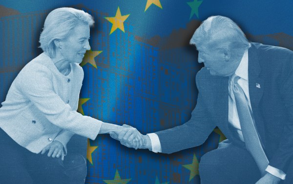 Illustration by Noah Hickey/The Dispatch. (Photo of Ursula von der Leyen and Donald Trump by Andrew Harnik/Getty Images)