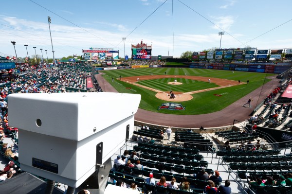 One of more than 30 Automated Ball-Strike system cameras monitor each pitch for balls and strikes during a Triple-A minor league baseball game between the Memphis Redbirds and Lehigh Valley IronPigs on May 9, 2023, in Allentown, Pennsylvania. (Photo by Rich Schultz/Getty Images)