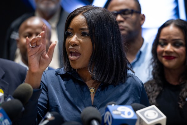 Rep. Jasmine Crockett of Texas joins Texas House Democrats for a press conference at the International Brotherhood of Electrical Workers union hall on August 4, 2025, in Warrenville, Illinois. (Photo by Scott Olson/Getty Images)